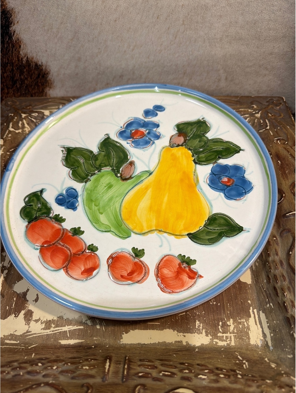Hand-Painted Ceramic Dinner Plate with Fruit and Floral Design
